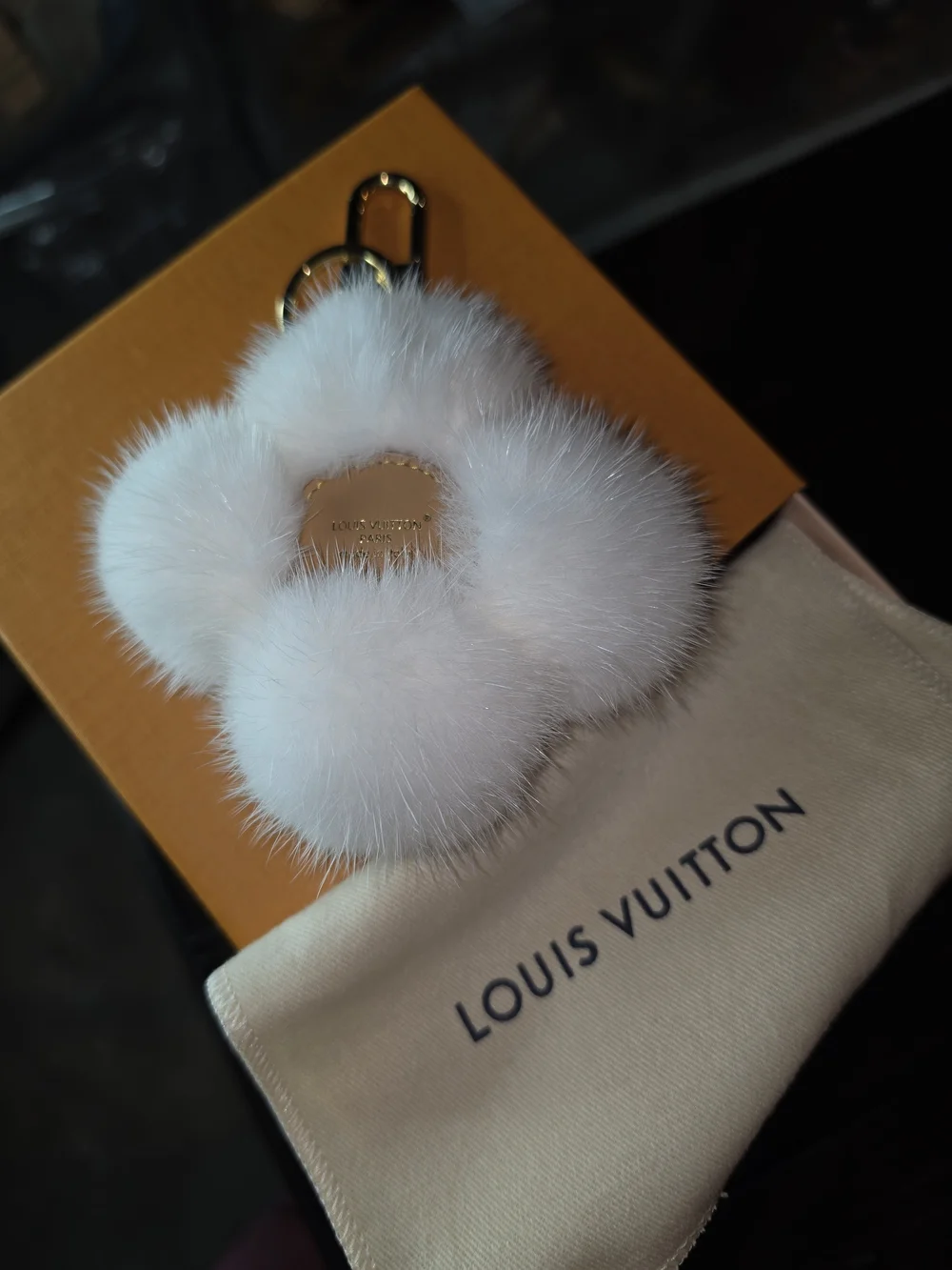 White Fur Pom Keychain with Gold Hardware - Louis Vuitton